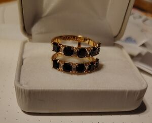 Gold Ring with Black Stones and Clear Accents - Elegant Double Band